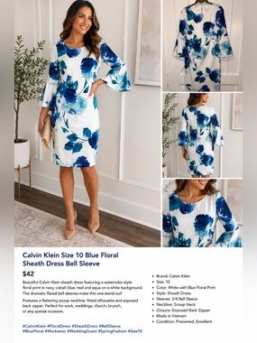 Calvin Klein Size 10 Blue Floral Sheath Dress Bell Sleeve Career Wedding